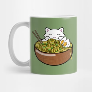 Cute cat eating ramen noodles from a wooden bowl Mug